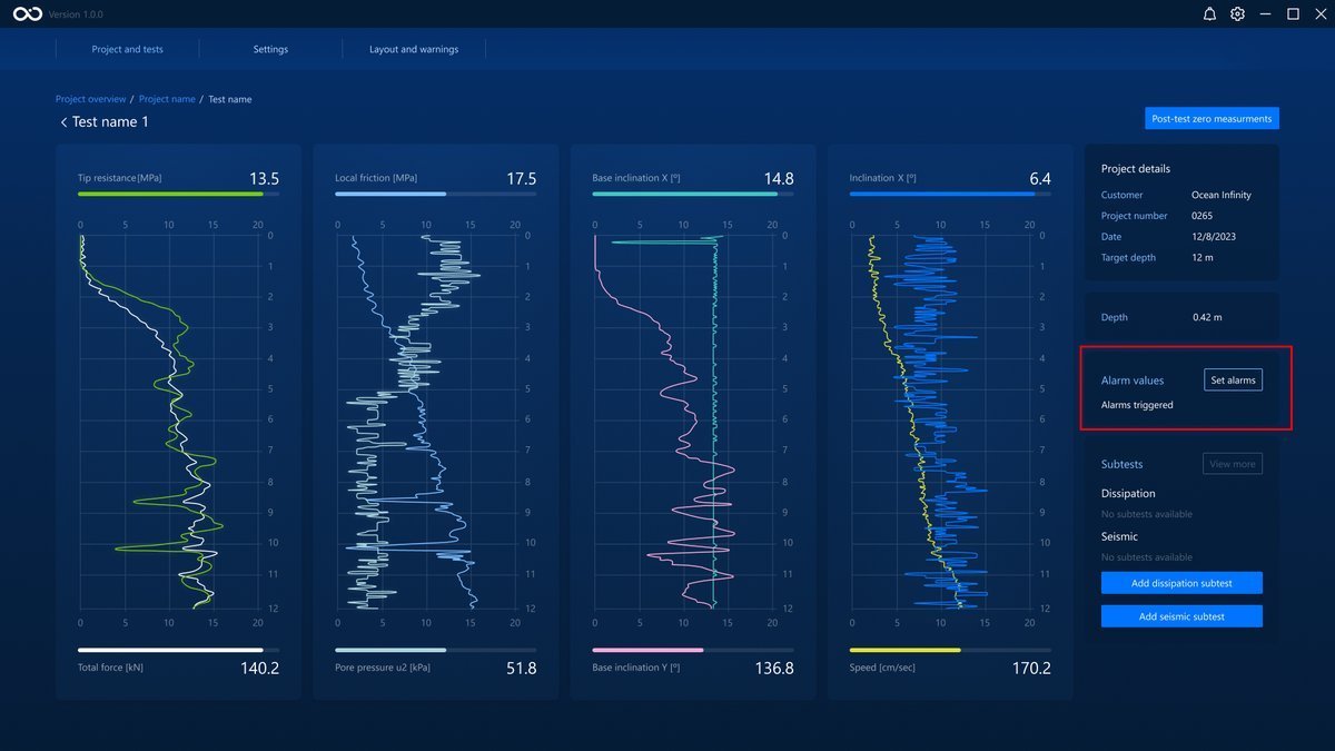 The alarms section in the data test graphs page